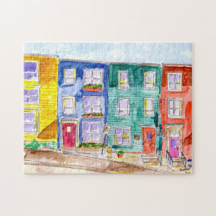 Puzzle Colorful Row Houses Watercolor Illustration Art