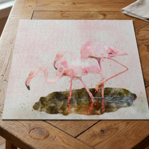 Puzzle Compagnie de Flamants Roses dans l'Art à l'Aquarel