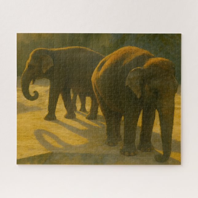 Puzzle Compagnons d'or - Trio d'éléphants à lumière chaud (Horizontal)
