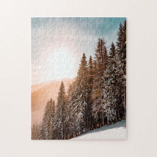 Puzzle Conifer Pin Pin Arbres Forêt de neige Sunrise Natu (Vertical)