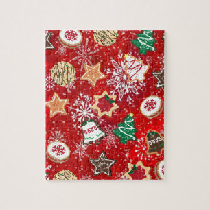 Puzzle Cookies de Noël et flocons de neige sur fond rouge