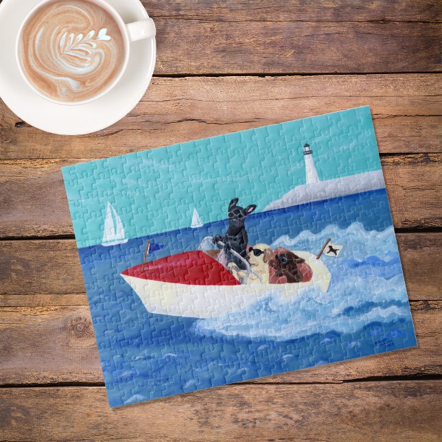 Puzzle Cool Summer Labradors Peinture (Cool Summer Labradors Painting Jigsaw Puzzle featuring Labs enjoying boat ride on the sea. )