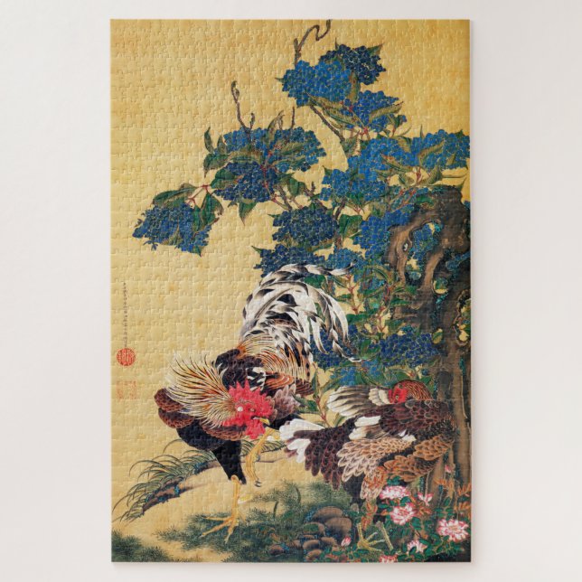 Puzzle Coq et Hen avec Hydrangeas par Ito Jakuchu (Vertical)