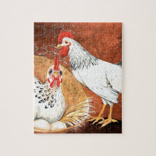 Puzzle Coq et poule avec des oeufs sur le nid peint à la