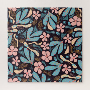 Puzzle Coral Blue Floral Dark Print