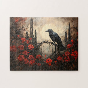 Puzzle Corbeau gothique aux roses rouges foncées