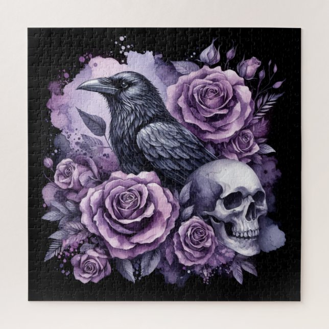 Puzzle Corbeau gothique Rose pourpre crâne (Vertical)