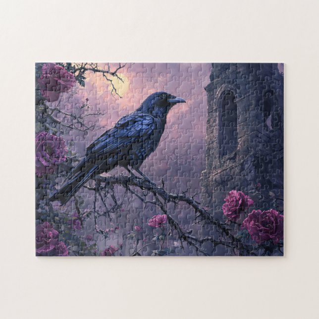 Puzzle Corbeau gothique Roses pourpres (Horizontal)