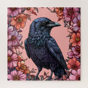 Puzzle Corbeau noir entouré de fleurs roses et orange