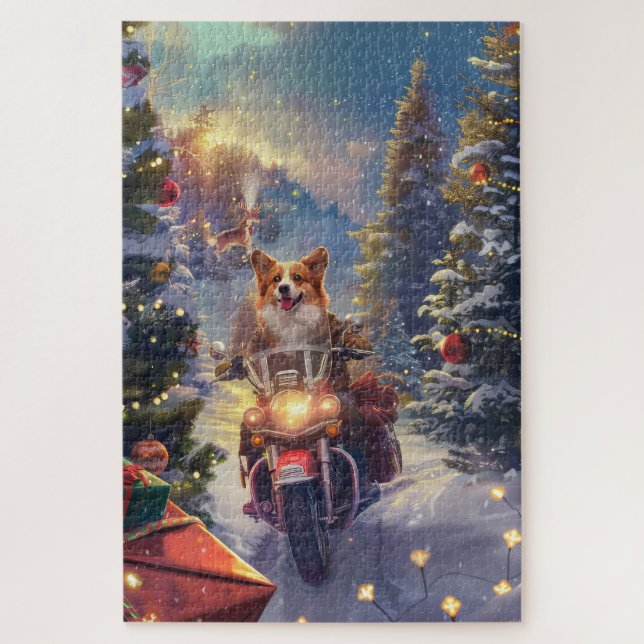 Puzzle Corgi Chien équitation Moto Noël (Vertical)