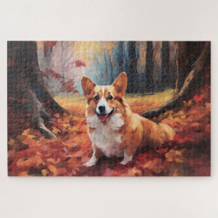 Puzzle Corgi dans les feuilles d'automne qui tombent insp