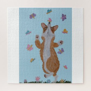 Puzzle Corgi gallois dansant avec des papillons