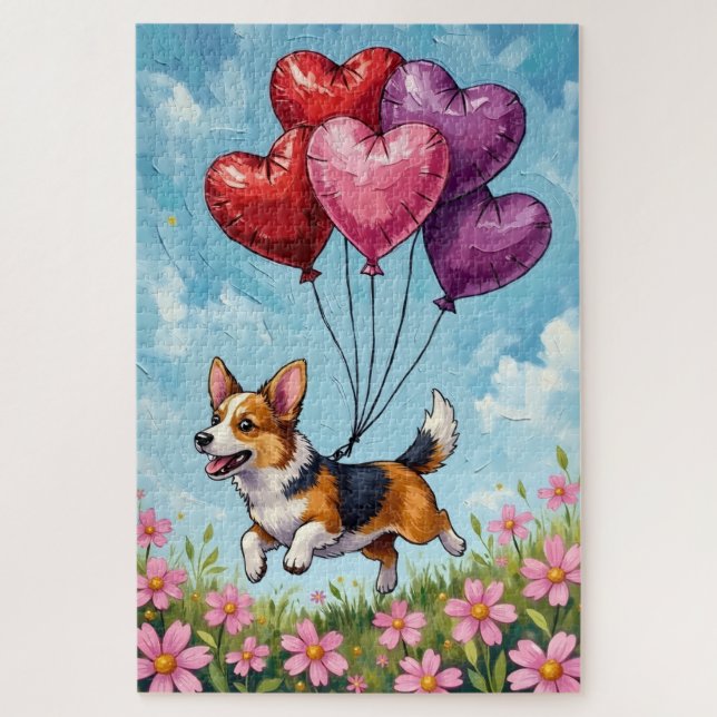 Puzzle Corgi Running with Valentine's Heart Balloons (Vertical)