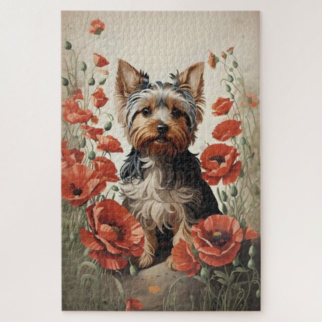 Puzzle Corte Yorkshire Terrier Botanique Poppies rouges (Vertical)