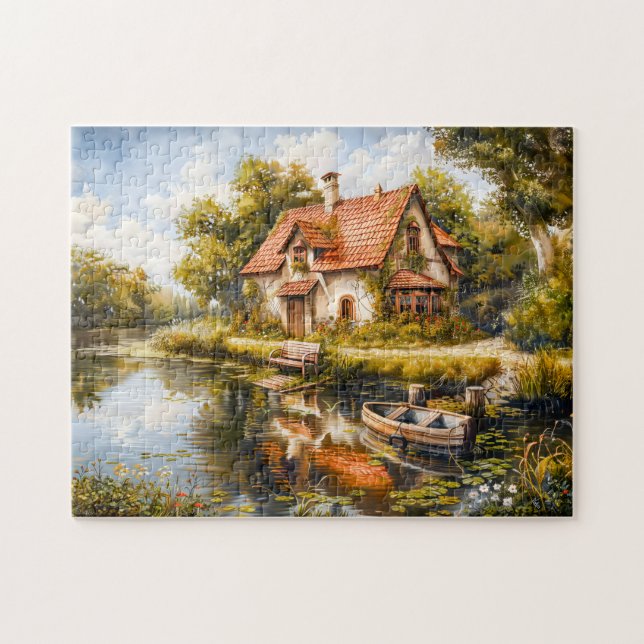 Puzzle Cottage au bord du lac avec un bateau à rames (Horizontal)