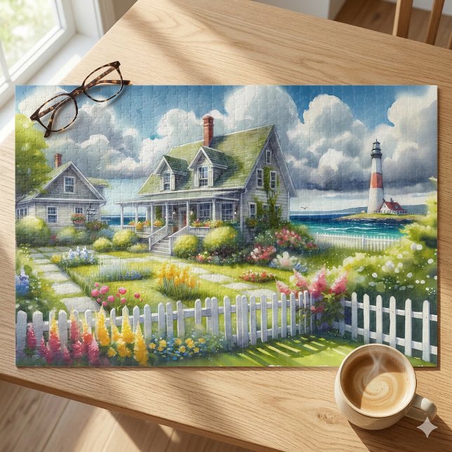 Puzzle Cottage avec vue sur le phare (Cottage With View Of The Lighthouse Jigsaw Puzzle On Wood Table)