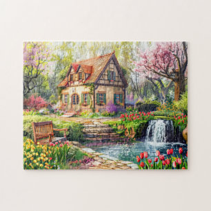 Puzzle Cottage printanier avec tulipes en fleurs