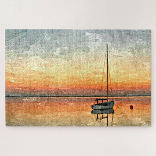 Puzzle Coucher de soleil bleu orange gris marin Aquarelle (Horizontal)