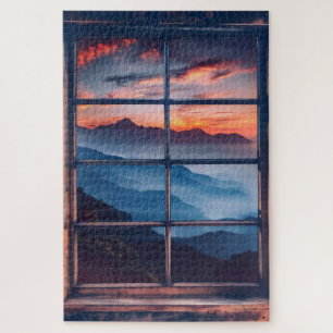Puzzle Coucher de soleil dans la fenêtre Montagnes