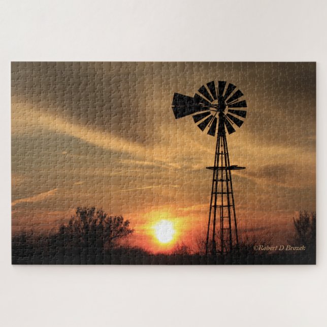Puzzle Coucher de soleil du Kansas avec le moulin à vent  (Horizontal)