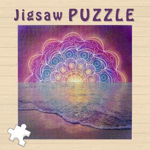 Puzzle Coucher de soleil mandala rose sur l'océan 