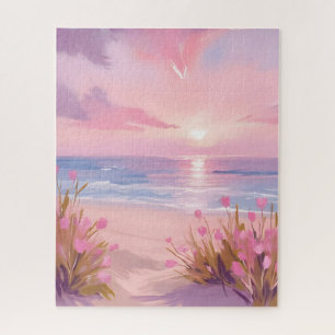 Puzzle Coucher de soleil pastel sur la plage rose blush a