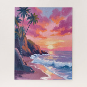 Puzzle Coucher de soleil rose tropical océan aquarelle