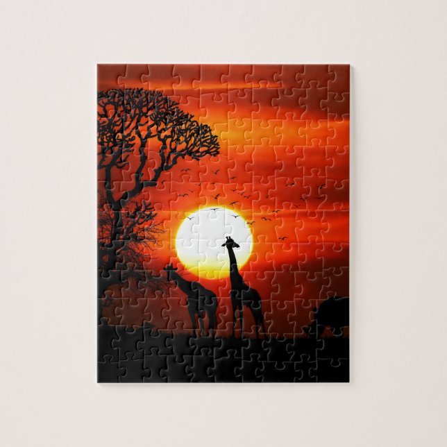 Puzzle Coucher du soleil orange en silhouette de girafe (Vertical)