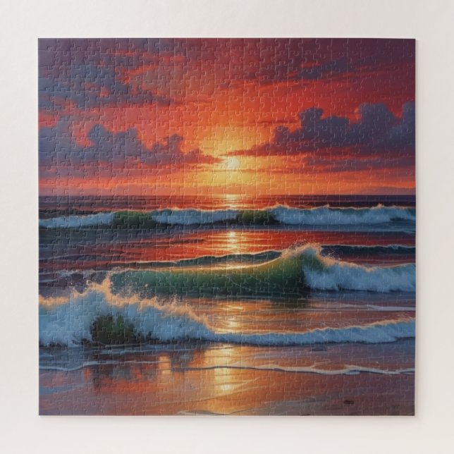 Puzzle Coucher Rouge Océan Peinture de paysage marin (Vertical)