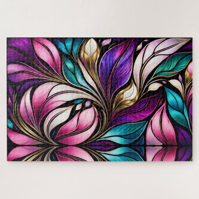 Puzzle Couleur rose florale et feuille en verre (Horizontal)