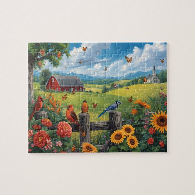 Puzzle Country View Birds Sunflowers Red Barn Scene (Horizontal)