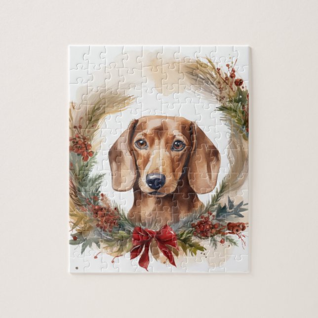 Puzzle Coupe de fête de la couronne de Noël de Dachshund (Vertical)