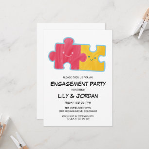 Puzzle couple cartoon engagement invitations