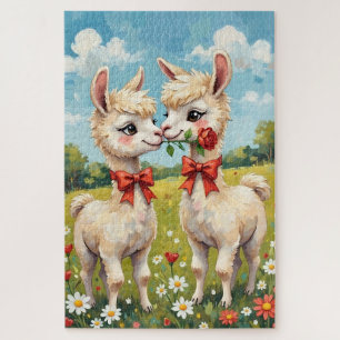 Puzzle Couple d'Alpacas Mignons avec Rubans Rouges Art