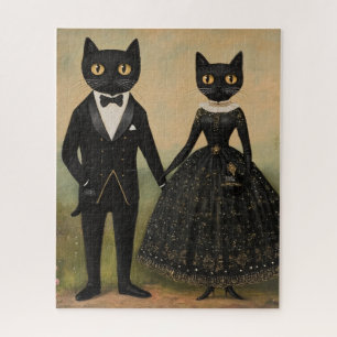 Puzzle Couple de chats noirs art folklorique gothique vic