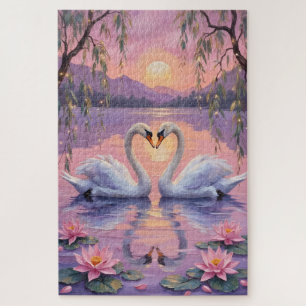 Puzzle Couple de cygnes cœur sur lac de coucher de soleil