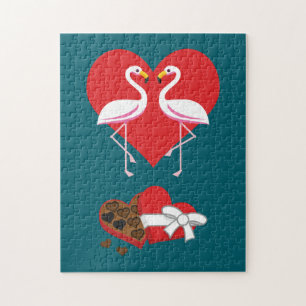 Puzzle Couple de flamants roses et boîte de chocolats