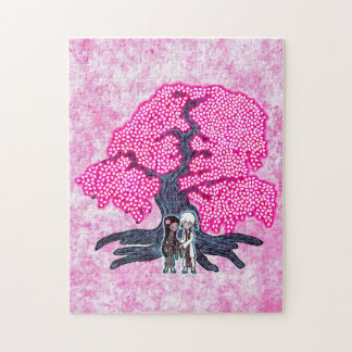 Puzzle Couples mignons sous l'arbre de fleurs de cerisier