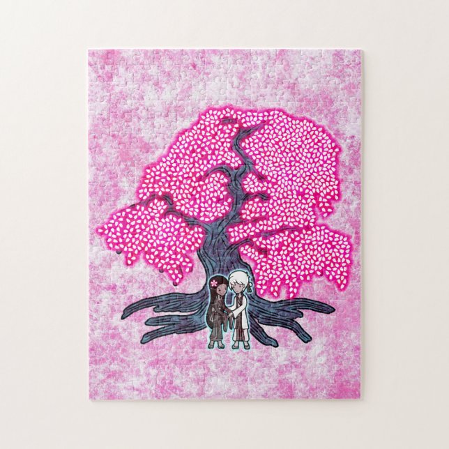 Puzzle Couples mignons sous l'arbre de fleurs de cerisier (Vertical)