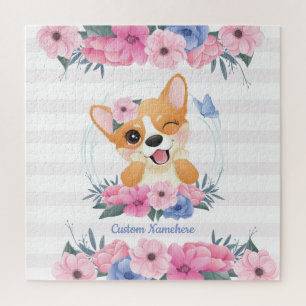 Puzzle Couronne de fleurs de chien Corgi mignon Papillon