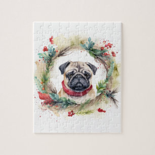 Puzzle Couronne de Noël de Pug Chien festif
