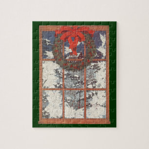 Puzzle Couronne de Noël vintage dans une fenêtre avec nei
