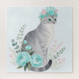 Puzzle Couronne Florale Chat Gris