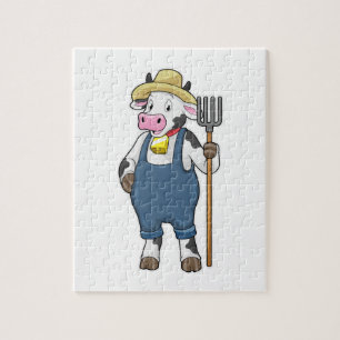 Puzzle Cow as Farmer with Pitchfork