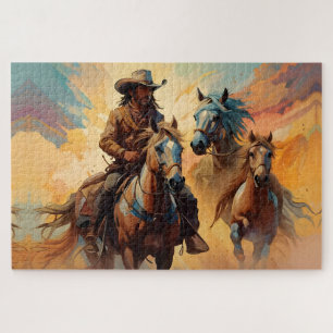 Puzzle Cowboy Chevaux Occidentaux bleu Tan Collage