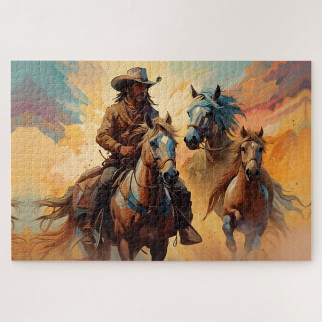 Puzzle Cowboy Chevaux Occidentaux bleu Tan Collage (Horizontal)