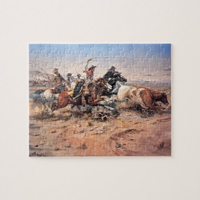Puzzle Cowboys roping un boeuf, 1897 (huile sur la toile) (Horizontal)