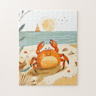 Puzzle Crabe de dessin animé sur la plage avec un bateau