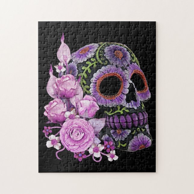 Puzzle Crâne de sucre rose floral noir Jour des morts (Vertical)