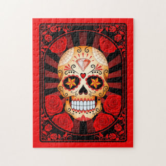 Puzzle Crâne rouge de sucre avec l'affiche de roses